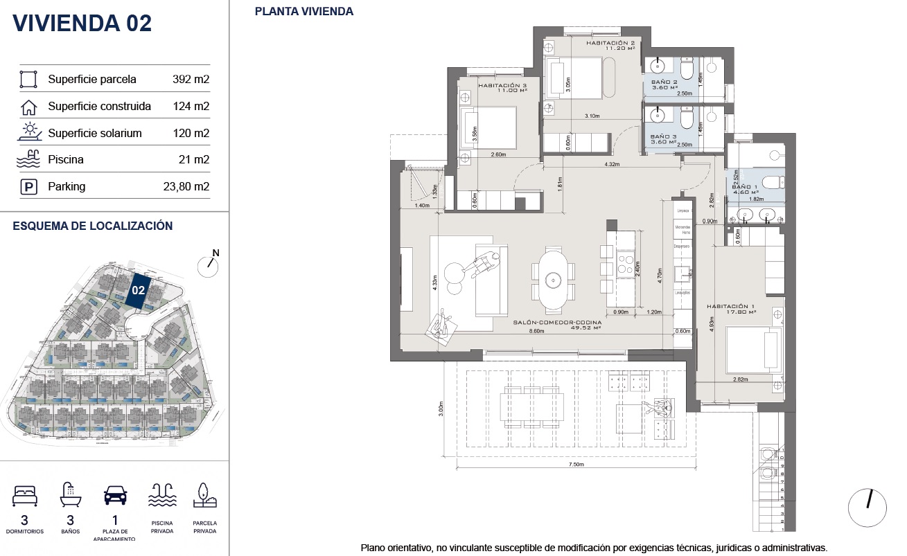Villa de 3 dormitorios con piscina privada y solárium de 120 m²