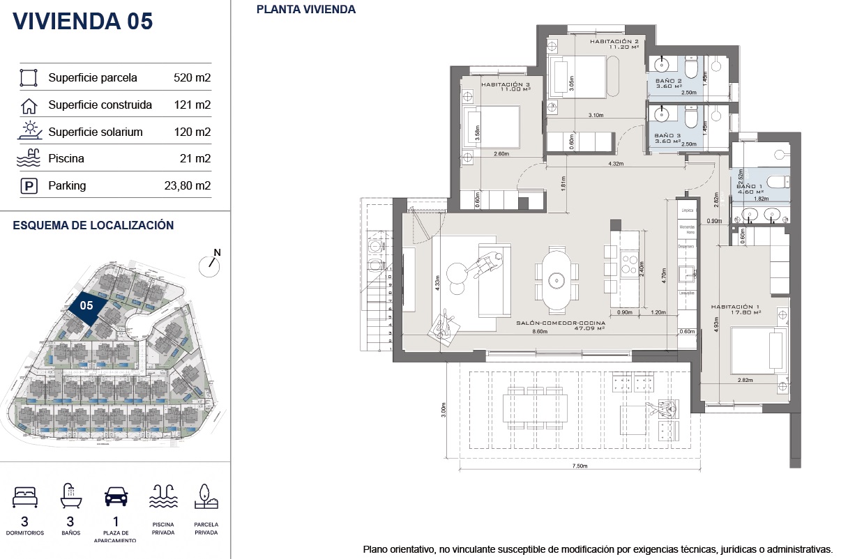 Villa de 3 dormitorios con piscina privada y solárium de 120 m²