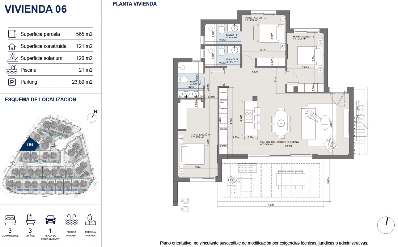Villa de 3 dormitorios con piscina privada y solárium de 120 m²
